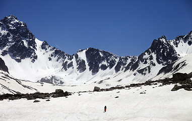 Image showing Hiker in snowy mountains