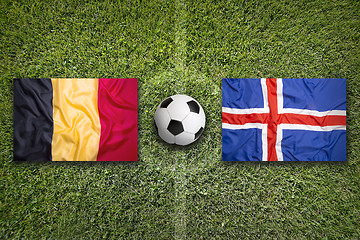Image showing Belgium vs. Iceland flags on soccer field