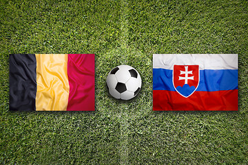 Image showing Belgium vs. Slovakia flags on soccer field