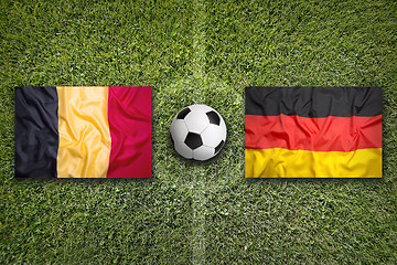 Image showing Belgium vs. Germany flags on soccer field