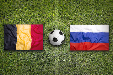 Image showing Belgium vs. Russia flags on soccer field