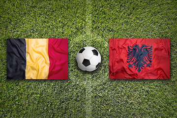 Image showing Belgium vs. Albania flags on soccer field