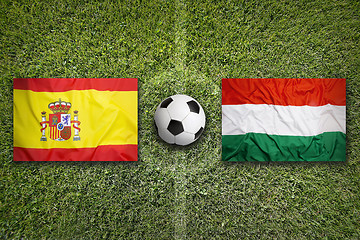 Image showing Spain vs. Hungary flags on soccer field