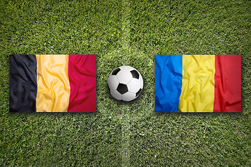 Image showing Belgium vs. Romania flags on soccer field