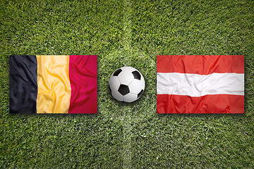 Image showing Belgium vs. Austria flags on soccer field