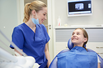 Image showing happy female dentist with patient girl at clinic