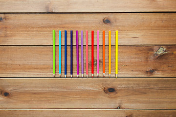 Image showing close up of crayons or color pencils on wood