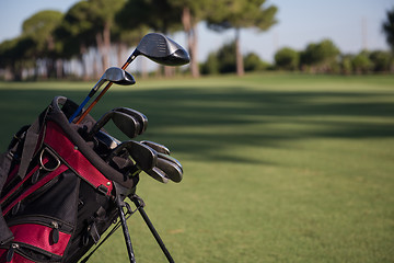 Image showing close up golf bag on course