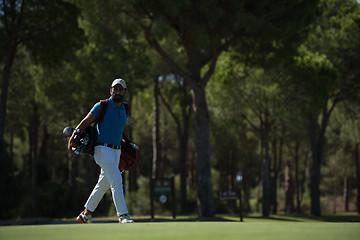 Image showing golf player walking and carrying bag