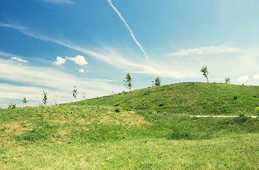 Image showing summer green field and hills over blue sky 