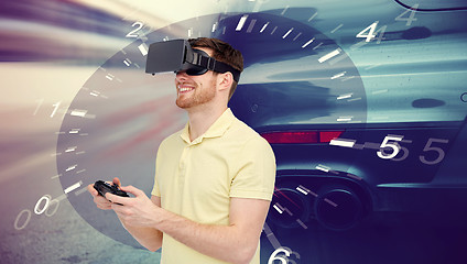 Image showing man in virtual reality headset and car racing game