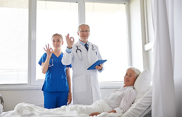 Image showing doctor and nurse visiting senior woman at hospital