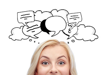 Image showing happy young woman face with text bubble doodles