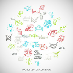 Image showing Multicolor doodles Hand Drawn Politics Icons set on White. EPS10 vector illustration.