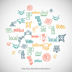 Image showing Multicolor doodles Hand Drawn Politics Icons set on White. EPS10 vector illustration.