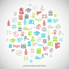 Image showing Multicolor doodles Hand Drawn Law Icons set on White. EPS10 vector illustration.