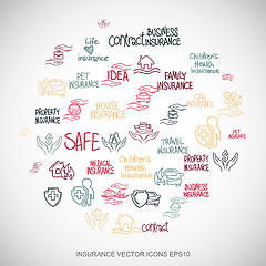 Image showing Multicolor doodles Hand Drawn Insurance Icons set on White. EPS10 vector illustration.