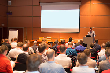 Image showing Business speaker giving a talk in conference hall.