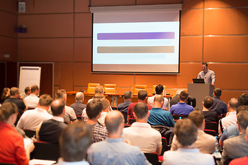 Image showing Business speaker giving a talk in conference hall.