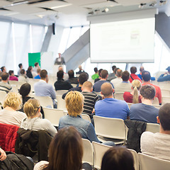 Image showing Male speeker having talk at public event.