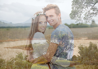 Image showing happy smiling young hippie couple outdoors