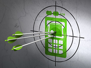 Image showing Banking concept: arrows in ATM Machine target on wall background