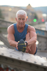 Image showing handsome man stretching before jogging