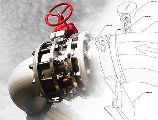 Image showing Sketch of piping design mixed with industrial equipment photo 