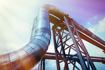 Image showing Industrial zone, Steel pipelines in blue tones