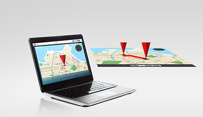 Image showing laptop computer with gps navigator map on screen