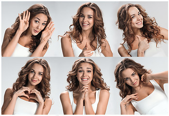 Image showing Set of young woman\'s portraits with different happy emotions