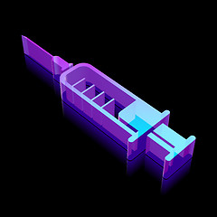 Image showing Medicine icon: 3d neon glowing Syringe made of glass, vector illustration.