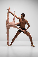 Image showing Couple of ballet dancers posing over gray background