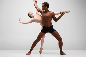 Image showing Couple of ballet dancers posing over gray background