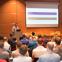 Image showing Business speaker giving a talk in conference hall.