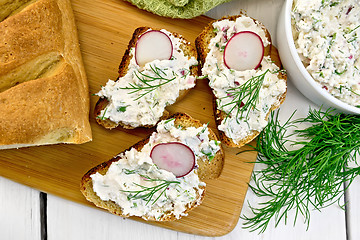 Image showing Bread with pate of curd and radish on board top