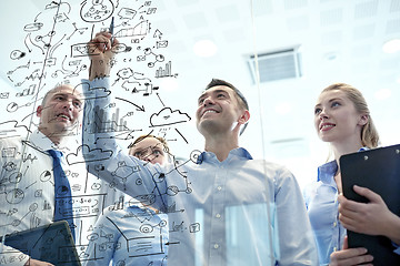 Image showing smiling business people with marker and stickers