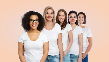 Image showing group of happy different women in white t-shirts