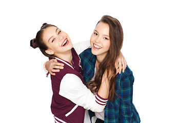 Image showing happy smiling pretty teenage girls hugging