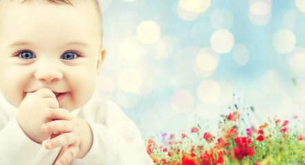 Image showing beautiful happy baby over poppy field background