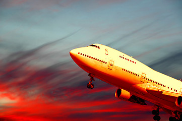 Image showing Air travel - plane and sunset