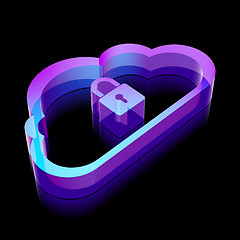 Image showing Cloud networking icon: 3d neon glowing Cloud With Padlock made of glass, vector illustration.
