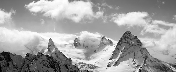 Image showing Black and white panorama mountains in cloud