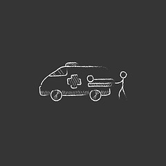Image showing Man with patient and ambulance car. Drawn in chalk icon.