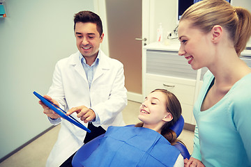 Image showing dentist showing tablet pc to girl and her mother