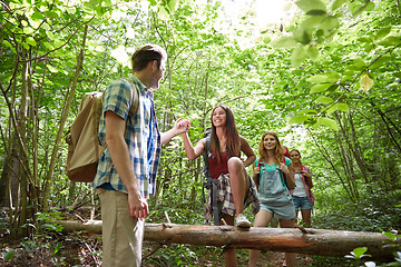 Image showing group of smiling friends with backpacks hiking