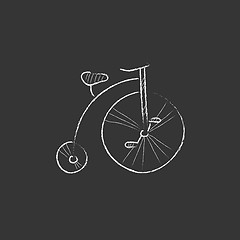 Image showing Old bicycle with big wheel. Drawn in chalk icon.