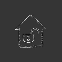 Image showing House with open lock. Drawn in chalk icon.