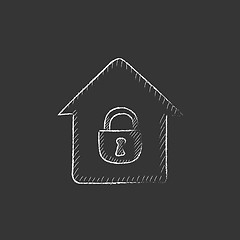 Image showing House with closed lock. Drawn in chalk icon.