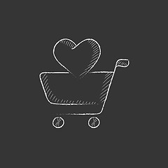 Image showing Shopping cart with heart. Drawn in chalk icon.